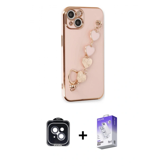 MARSİLYAN™- iPhone 14 Kılıf Nova Işık Prime - Siyah Bilvis 5in1 3D Magic Cam Ekran Koruyucu + PVD Metal Kamera Lens - SH