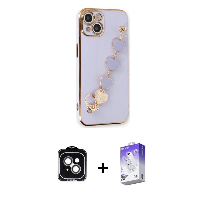 MARSİLYAN™- iPhone 14 Kılıf Nova Işık Prime - Siyah Bilvis 5in1 3D Magic Cam Ekran Koruyucu + PVD Metal Kamera Lens - YL
