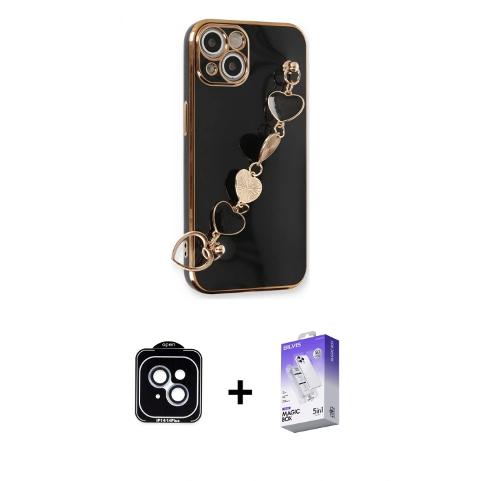 MARSİLYAN™- iPhone 14 Kılıf Nova Işık Prime - Siyah Bilvis 5in1 3D Magic Cam Ekran Koruyucu + PVD Metal Kamera Lens - MI