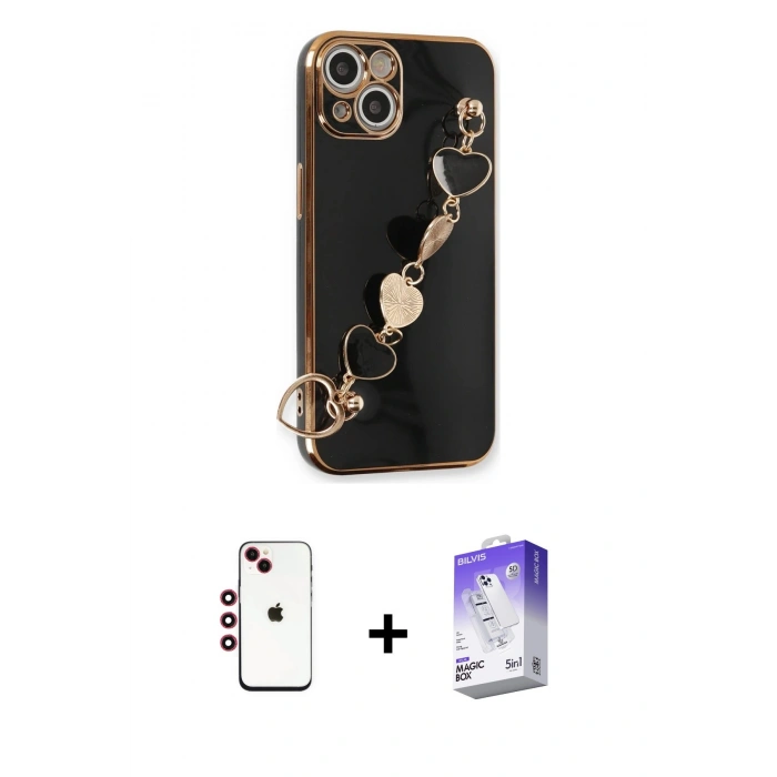 MARSİLYAN™- iPhone 14 Kılıf Nova Işık Prime - Siyah Bilvis 5in1 3D Magic Cam Ekran Koruyucu + Shine Kamera Lens - KI