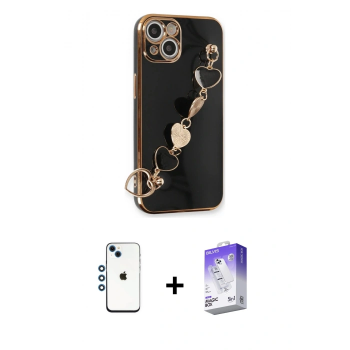 MARSİLYAN™- iPhone 14 Kılıf Nova Işık Prime - Siyah Bilvis 5in1 3D Magic Cam Ekran Koruyucu + Shine Kamera Lens - MI