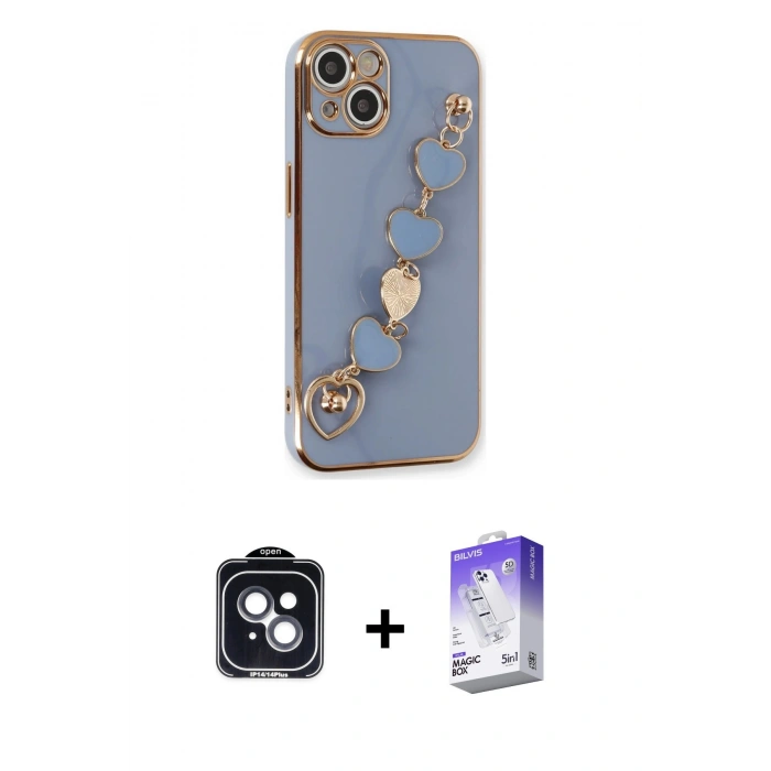 MARSİLYAN™- iPhone 14 Kılıf Nova Işık Prime - Siyah Bilvis 5in1 3D Magic Cam Ekran Koruyucu + PVD Metal Kamera Lens - SH