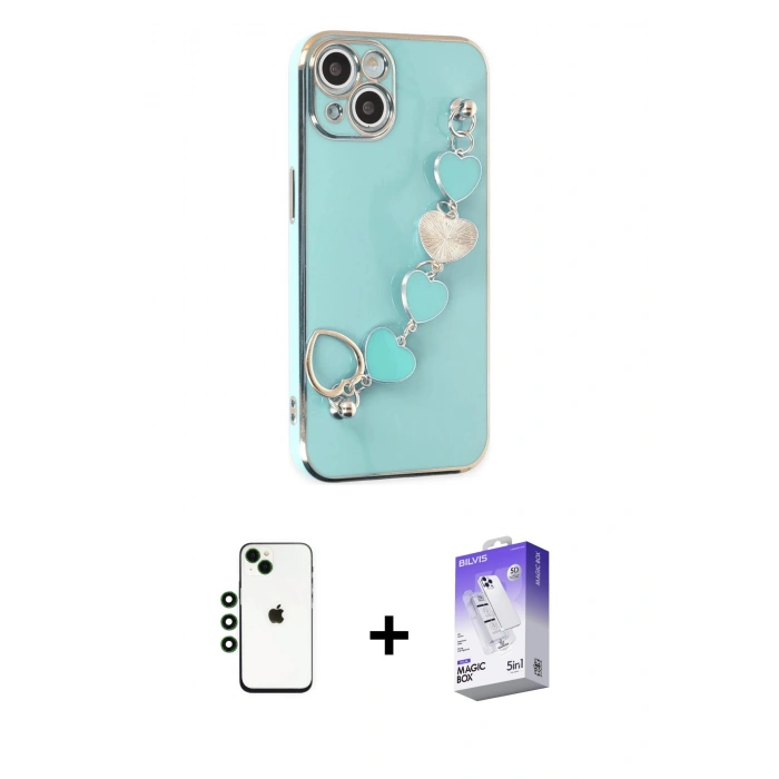 MARSİLYAN™- iPhone 14 Kılıf Nova Işık Prime - Siyah Bilvis 5in1 3D Magic Cam Ekran Koruyucu + Yeşil Shine Kamera Lens