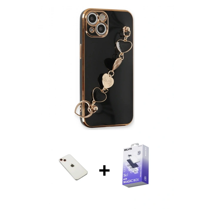 MARSİLYAN™- iPhone 14 Kılıf Nova Işık Prime - Siyah Bilvis 5in1 5D Magic Hayalet Cam Ekran Koruyucu + Diamond Kamera Lens - KI