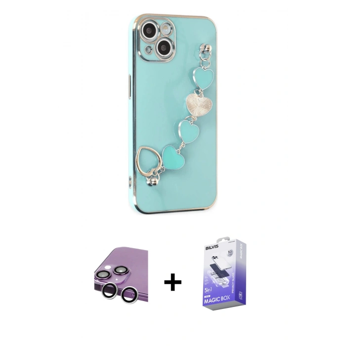 MARSİLYAN™- iPhone 14 Kılıf Nova Işık Prime - Siyah Bilvis 5in1 5D Magic Hayalet Cam Ekran Koruyucu + Gümüş Raze Metal Kamera Lens