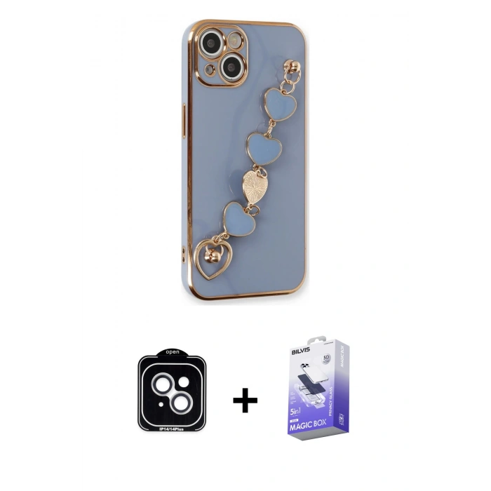 MARSİLYAN™- iPhone 14 Kılıf Nova Işık Prime - Siyah Bilvis 5in1 5D Magic Hayalet Cam Ekran Koruyucu + Gümüş PVD Metal Kamera Lens