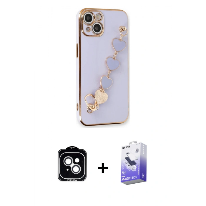 MARSİLYAN™- iPhone 14 Kılıf Nova Işık Prime - Siyah Bilvis 5in1 5D Magic Hayalet Cam Ekran Koruyucu + Gümüş PVD Metal Kamera Lens