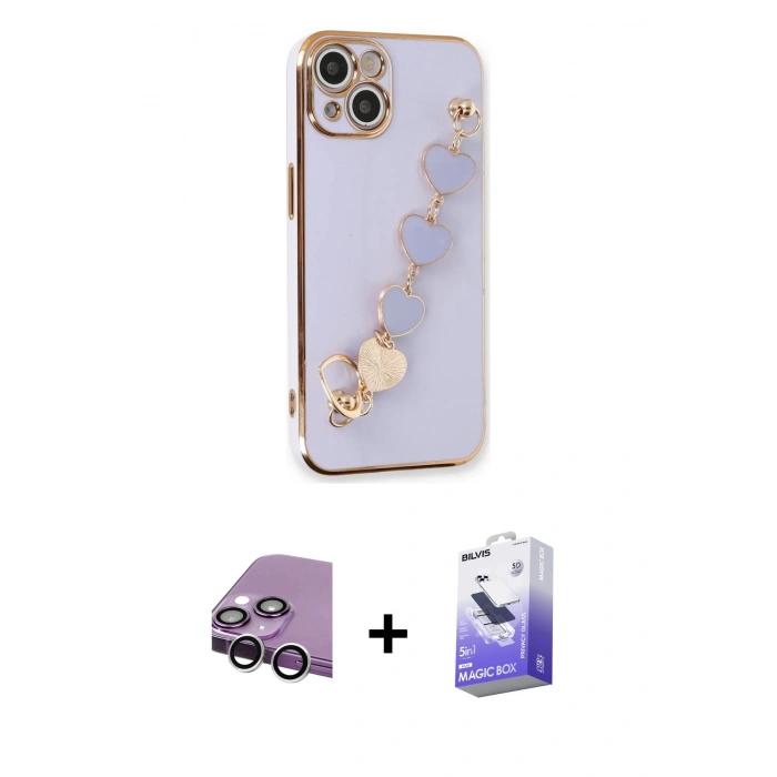 MARSİLYAN™- iPhone 14 Kılıf Nova Işık Prime - Siyah Bilvis 5in1 5D Magic Hayalet Cam Ekran Koruyucu + Gümüş Raze Metal Kamera Lens