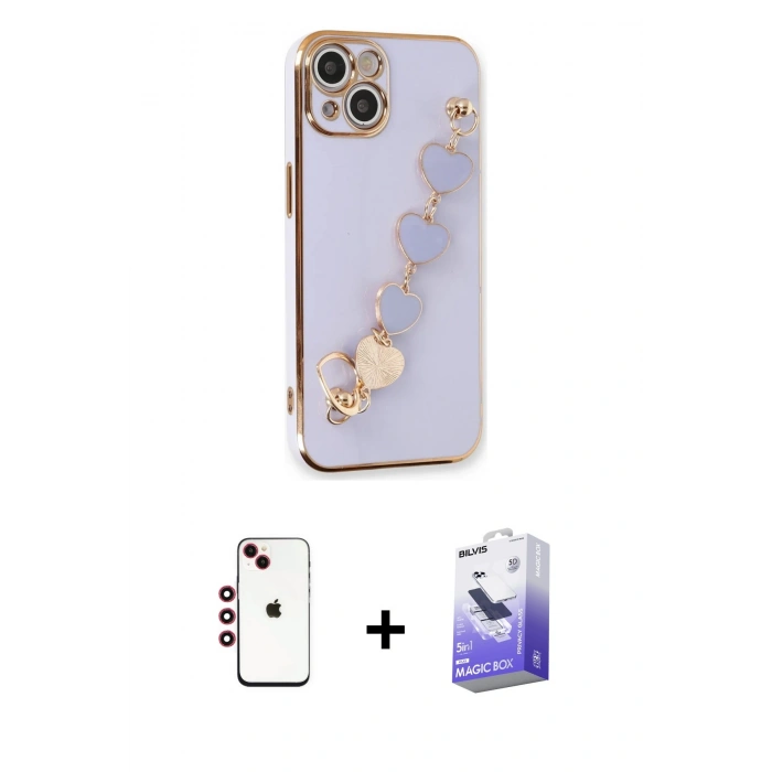 MARSİLYAN™- iPhone 14 Kılıf Nova Işık Prime - Siyah Bilvis 5in1 5D Magic Hayalet Cam Ekran Koruyucu + Kırmızı Shine Kamera Lens