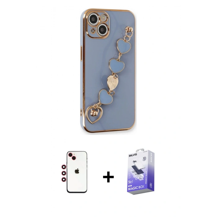 MARSİLYAN™- iPhone 14 Kılıf Nova Işık Prime - Siyah Bilvis 5in1 5D Magic Hayalet Cam Ekran Koruyucu + Kırmızı Shine Kamera Lens