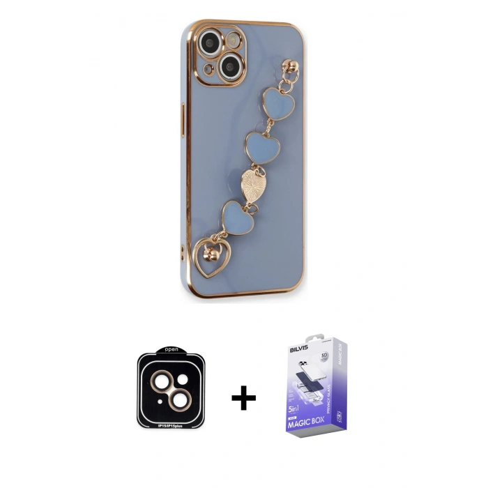 MARSİLYAN™- iPhone 14 Kılıf Nova Işık Prime - Siyah Bilvis 5in1 5D Magic Hayalet Cam Ekran Koruyucu + PVD Metal Kamera Lens - TU