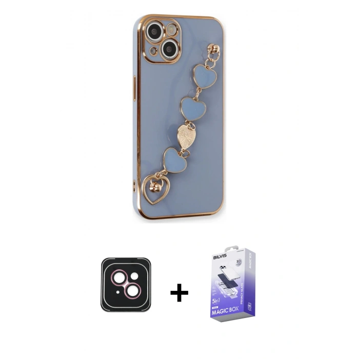 MARSİLYAN™- iPhone 14 Kılıf Nova Işık Prime - Siyah Bilvis 5in1 5D Magic Hayalet Cam Ekran Koruyucu + PVD Metal Kamera Lens - PE