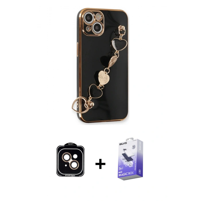 MARSİLYAN™- iPhone 14 Kılıf Nova Işık Prime - Siyah Bilvis 5in1 5D Magic Hayalet Cam Ekran Koruyucu + PVD Metal Kamera Lens - TU