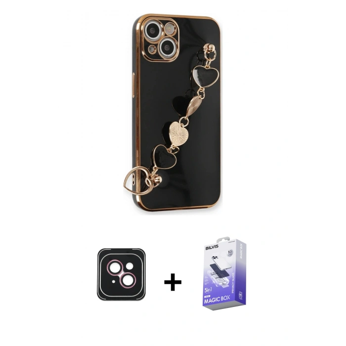 MARSİLYAN™- iPhone 14 Kılıf Nova Işık Prime - Siyah Bilvis 5in1 5D Magic Hayalet Cam Ekran Koruyucu + PVD Metal Kamera Lens - PE