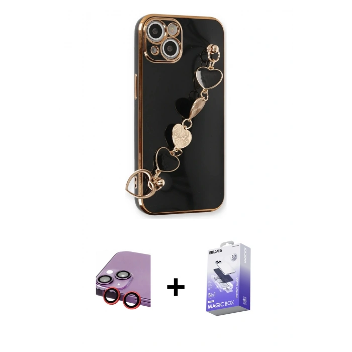 MARSİLYAN™- iPhone 14 Kılıf Nova Işık Prime - Siyah Bilvis 5in1 5D Magic Hayalet Cam Ekran Koruyucu + Raze Metal Kamera Lens - KI