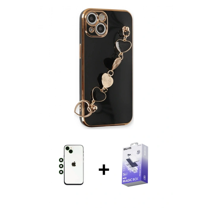 MARSİLYAN™- iPhone 14 Kılıf Nova Işık Prime - Siyah Bilvis 5in1 5D Magic Hayalet Cam Ekran Koruyucu + Shine Kamera Lens - YL