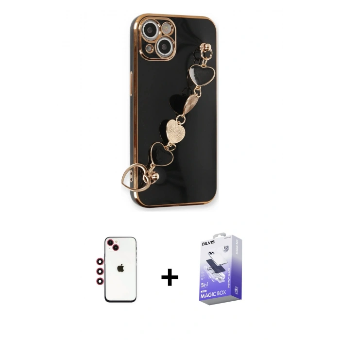 MARSİLYAN™- iPhone 14 Kılıf Nova Işık Prime - Siyah Bilvis 5in1 5D Magic Hayalet Cam Ekran Koruyucu + Shine Kamera Lens - KI