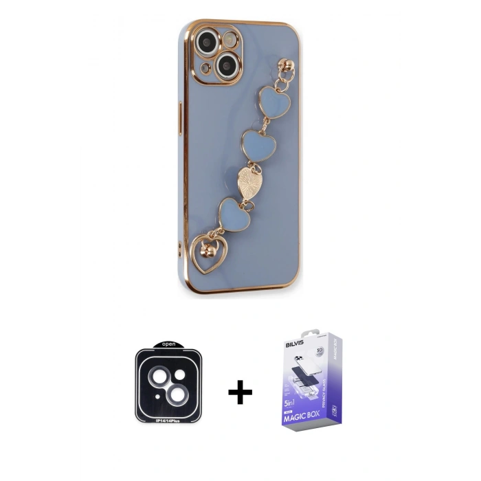 MARSİLYAN™- iPhone 14 Kılıf Nova Işık Prime - Siyah Bilvis 5in1 5D Magic Hayalet Cam Ekran Koruyucu + PVD Metal Kamera Lens - SH