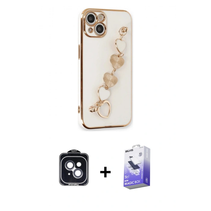 MARSİLYAN™- iPhone 14 Kılıf Nova Işık Prime - Siyah Bilvis 5in1 5D Magic Hayalet Cam Ekran Koruyucu + PVD Metal Kamera Lens - SH