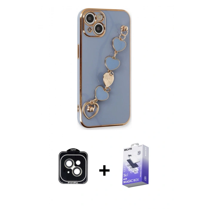 MARSİLYAN™- iPhone 14 Kılıf Nova Işık Prime - Siyah Bilvis 5in1 5D Magic Hayalet Cam Ekran Koruyucu + PVD Metal Kamera Lens - YL