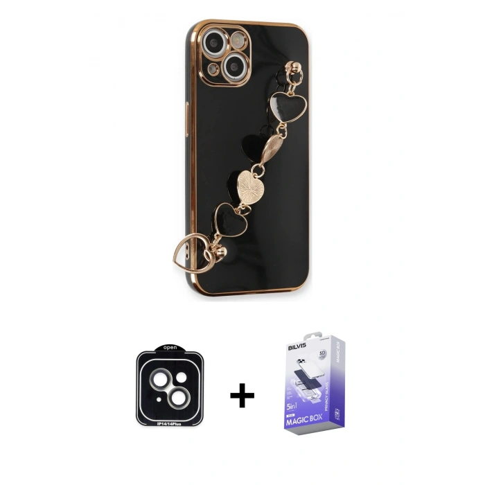 MARSİLYAN™- iPhone 14 Kılıf Nova Işık Prime - Siyah Bilvis 5in1 5D Magic Hayalet Cam Ekran Koruyucu + PVD Metal Kamera Lens - YL