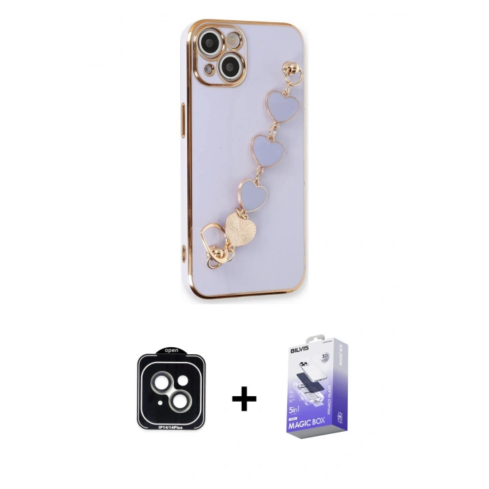 MARSİLYAN™- iPhone 14 Kılıf Nova Işık Prime - Siyah Bilvis 5in1 5D Magic Hayalet Cam Ekran Koruyucu + PVD Metal Kamera Lens - YL