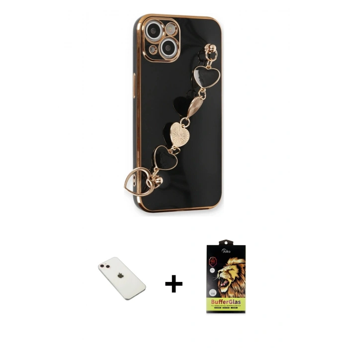 MARSİLYAN™- iPhone 14 Kılıf Nova Işık Prime - Siyah Buffer Cam Ekran Koruyucu + Pembe Diamond Kamera Lens