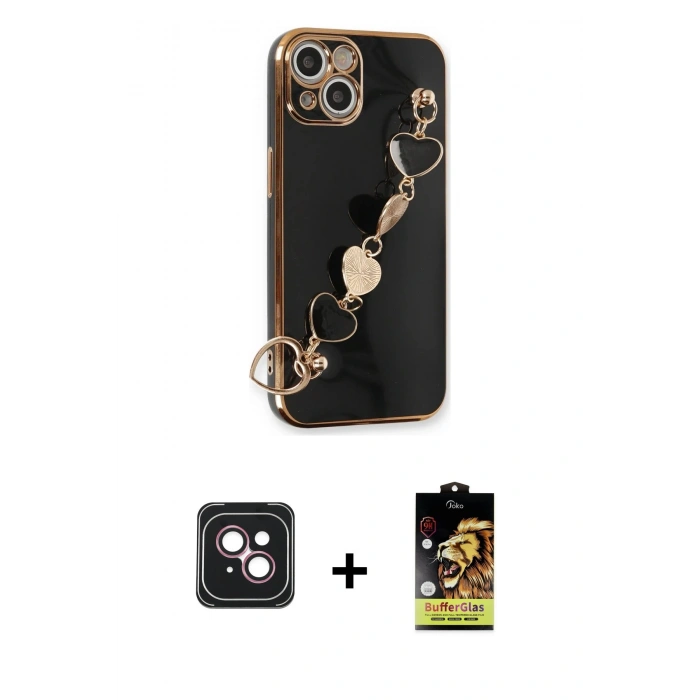 MARSİLYAN™- iPhone 14 Kılıf Nova Işık Prime - Siyah Buffer Cam Ekran Koruyucu + Pembe PVD Metal Kamera Lens