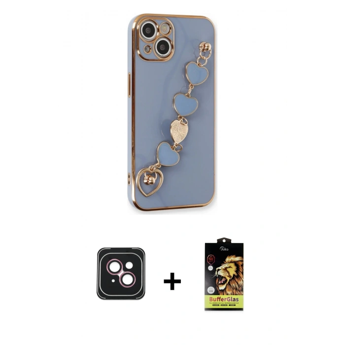 MARSİLYAN™- iPhone 14 Kılıf Nova Işık Prime - Siyah Buffer Cam Ekran Koruyucu + Pembe PVD Metal Kamera Lens