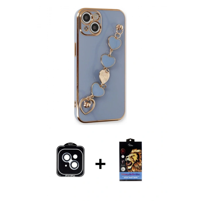 MARSİLYAN™- iPhone 14 Kılıf Nova Işık Prime - Siyah Buffer Hayalet Cam Ekran Koruyucu + Mavi PVD Metal Kamera Lens