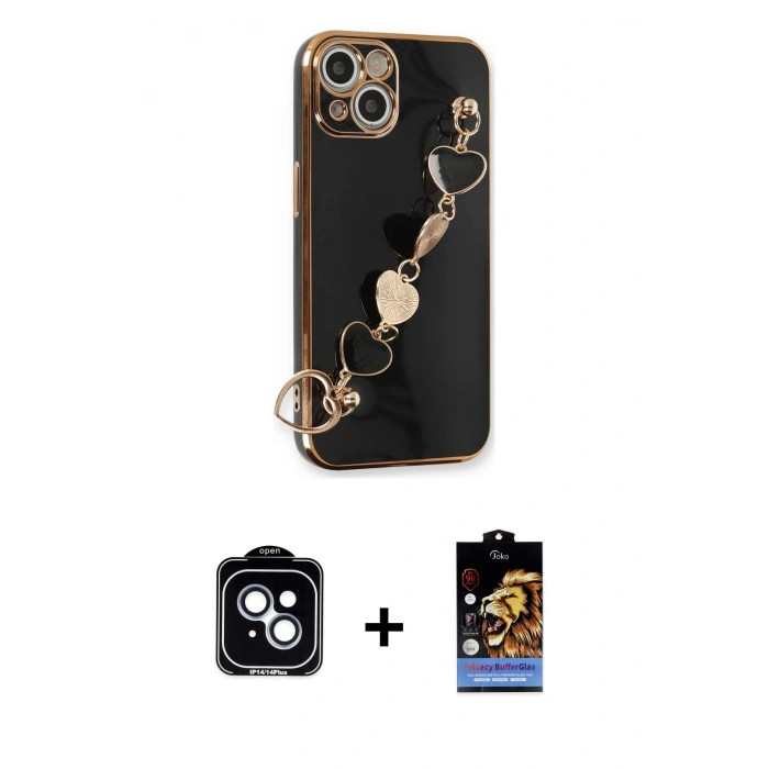 MARSİLYAN™- iPhone 14 Kılıf Nova Işık Prime - Siyah Buffer Hayalet Cam Ekran Koruyucu + Mavi PVD Metal Kamera Lens