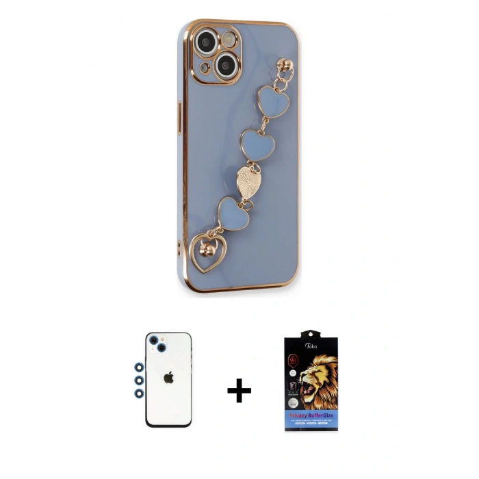 MARSİLYAN™- iPhone 14 Kılıf Nova Işık Prime - Siyah Buffer Hayalet Cam Ekran Koruyucu + Mavi Shine Kamera Lens
