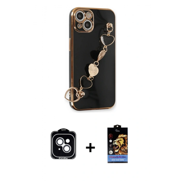 MARSİLYAN™- iPhone 14 Kılıf Nova Işık Prime - Siyah Buffer Hayalet Cam Ekran Koruyucu + PVD Metal Kamera Lens - GS