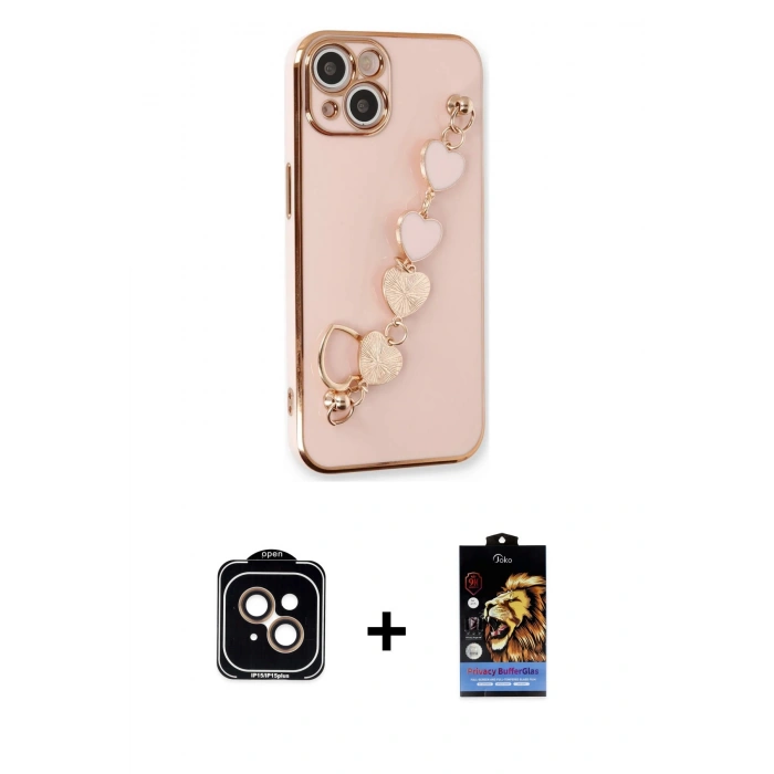 MARSİLYAN™- iPhone 14 Kılıf Nova Işık Prime - Siyah Buffer Hayalet Cam Ekran Koruyucu + Turuncu PVD Metal Kamera Lens