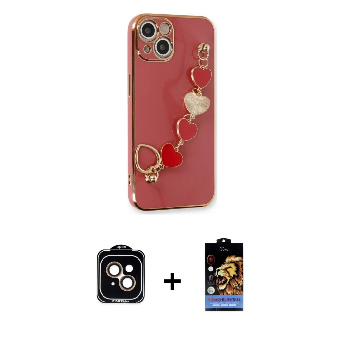 MARSİLYAN™- iPhone 14 Kılıf Nova Işık Prime - Siyah Buffer Hayalet Cam Ekran Koruyucu + Turuncu PVD Metal Kamera Lens