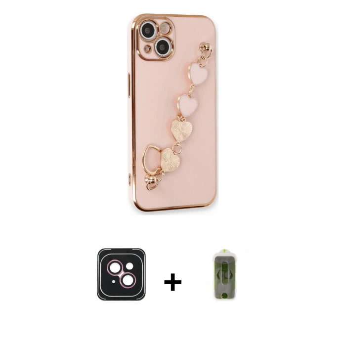 MARSİLYAN™- iPhone 14 Kılıf Nova Işık Prime - Siyah Joko Magic 5D Hayalet Cam + Pembe PVD Metal Kamera Lens