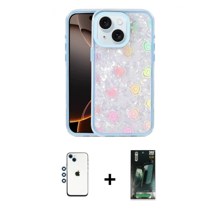 MARSİLYAN™- iPhone 14 Kılıf Odak Prime - Şeffaf 360 Full Body Arka Koruyucu + Shine Kamera Lens - MI