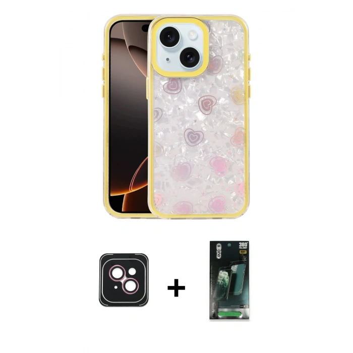MARSİLYAN™- iPhone 14 Kılıf Odak Prime - Şeffaf 360 Full Body Arka Koruyucu + PVD Metal Kamera Lens - PE