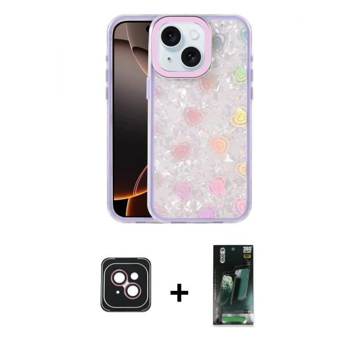 MARSİLYAN™- iPhone 14 Kılıf Odak Prime - Şeffaf 360 Full Body Arka Koruyucu + PVD Metal Kamera Lens - PE