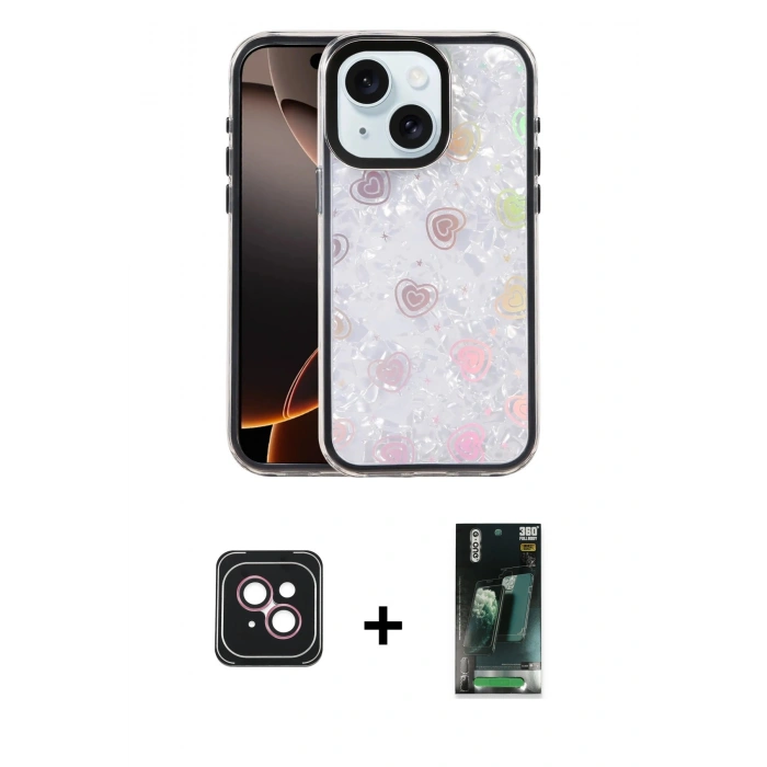 MARSİLYAN™- iPhone 14 Kılıf Odak Prime - Şeffaf 360 Full Body Arka Koruyucu + PVD Metal Kamera Lens - PE