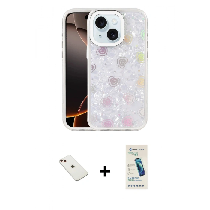 MARSİLYAN™- iPhone 14 Kılıf Odak Prime - Şeffaf Pasifik Cam Ekran Koruyucu + Diamond Kamera Lens - KI
