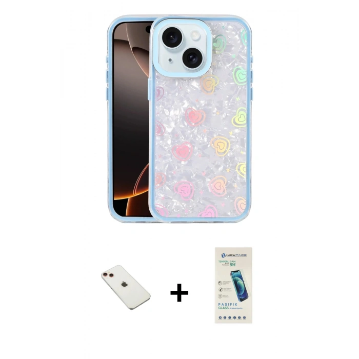MARSİLYAN™- iPhone 14 Kılıf Odak Prime - Şeffaf Pasifik Cam Ekran Koruyucu + Diamond Kamera Lens - KI