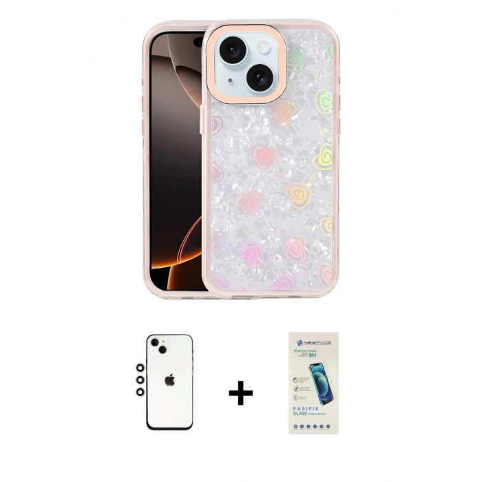 MARSİLYAN™- iPhone 14 Kılıf Odak Prime - Şeffaf Pasifik Cam Ekran Koruyucu + Shine Kamera Lens - GS