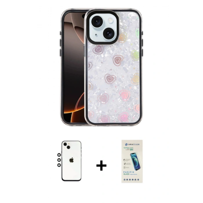 MARSİLYAN™- iPhone 14 Kılıf Odak Prime - Şeffaf Pasifik Cam Ekran Koruyucu + Shine Kamera Lens - GS