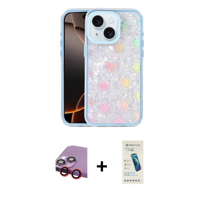 MARSİLYAN™- iPhone 14 Kılıf Odak Prime - Şeffaf Pasifik Cam Ekran Koruyucu + Raze Metal Kamera Lens - KI