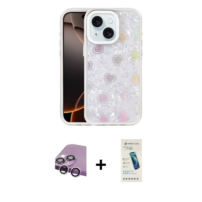 MARSİLYAN™- iPhone 14 Kılıf Odak Prime - Şeffaf Pasifik Cam Ekran Koruyucu + Raze Metal Kamera Lens - MR