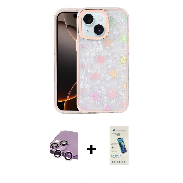 MARSİLYAN™- iPhone 14 Kılıf Odak Prime - Şeffaf Pasifik Cam Ekran Koruyucu + Raze Metal Kamera Lens - MR