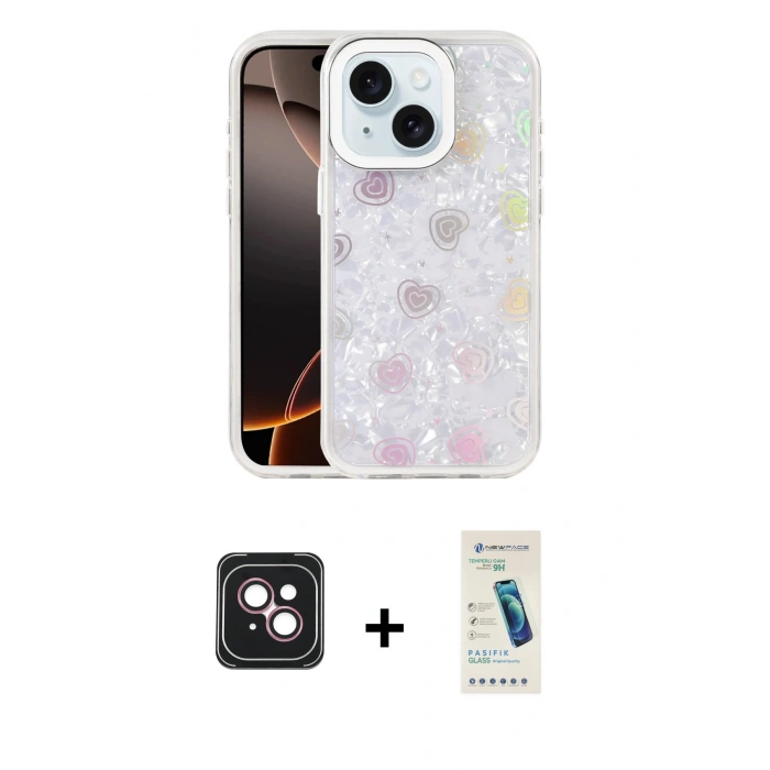 MARSİLYAN™- iPhone 14 Kılıf Odak Prime - Şeffaf Pasifik Cam Ekran Koruyucu + PVD Metal Kamera Lens - PE