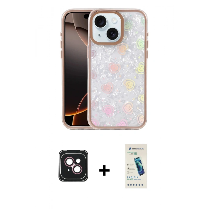 MARSİLYAN™- iPhone 14 Kılıf Odak Prime - Şeffaf Pasifik Cam Ekran Koruyucu + PVD Metal Kamera Lens - PE