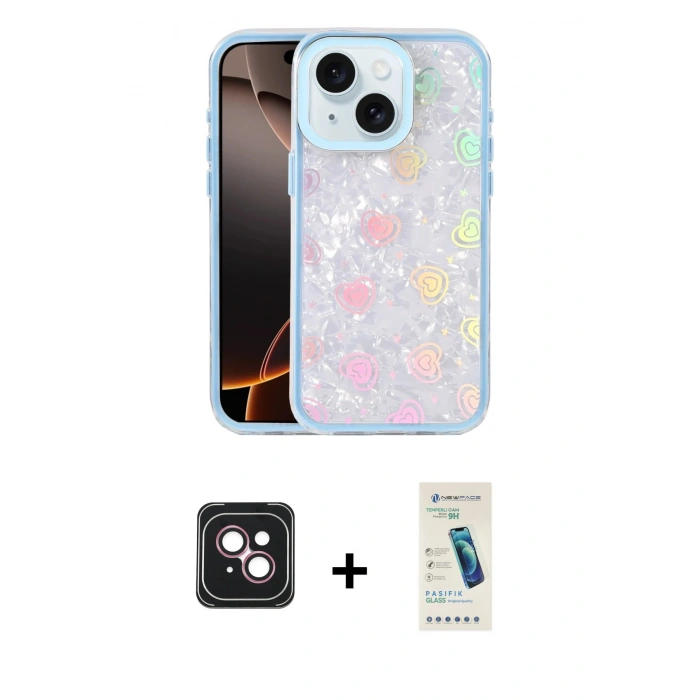 MARSİLYAN™- iPhone 14 Kılıf Odak Prime - Şeffaf Pasifik Cam Ekran Koruyucu + PVD Metal Kamera Lens - PE